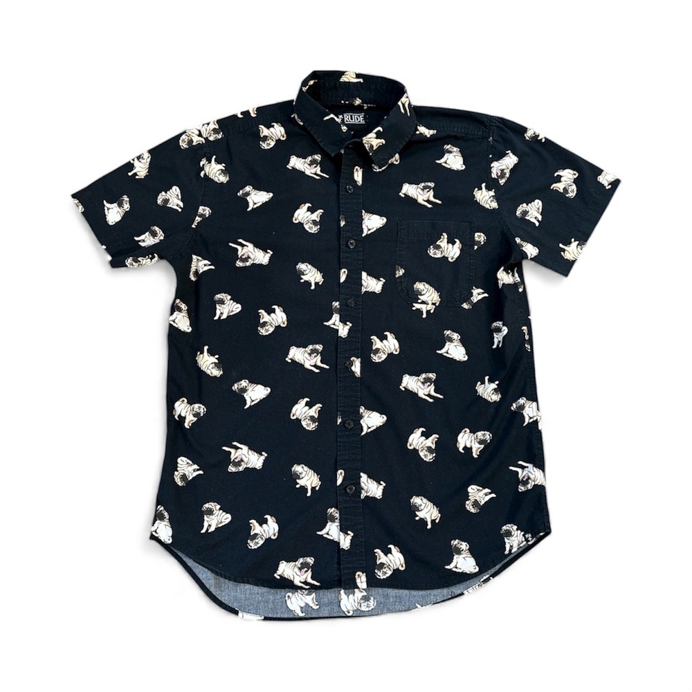 XXX RUDE Mens Black‎ Pug Dog Print Short Sleeve Button Up Shirt